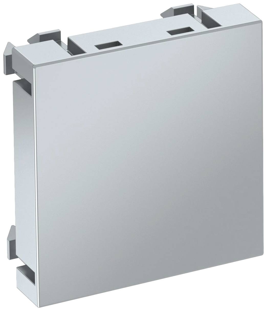 Metallische quadratische Abdeckung für einen elektrischen Schalter oder Steckdose, mit seitlichen Befestigungselementen.