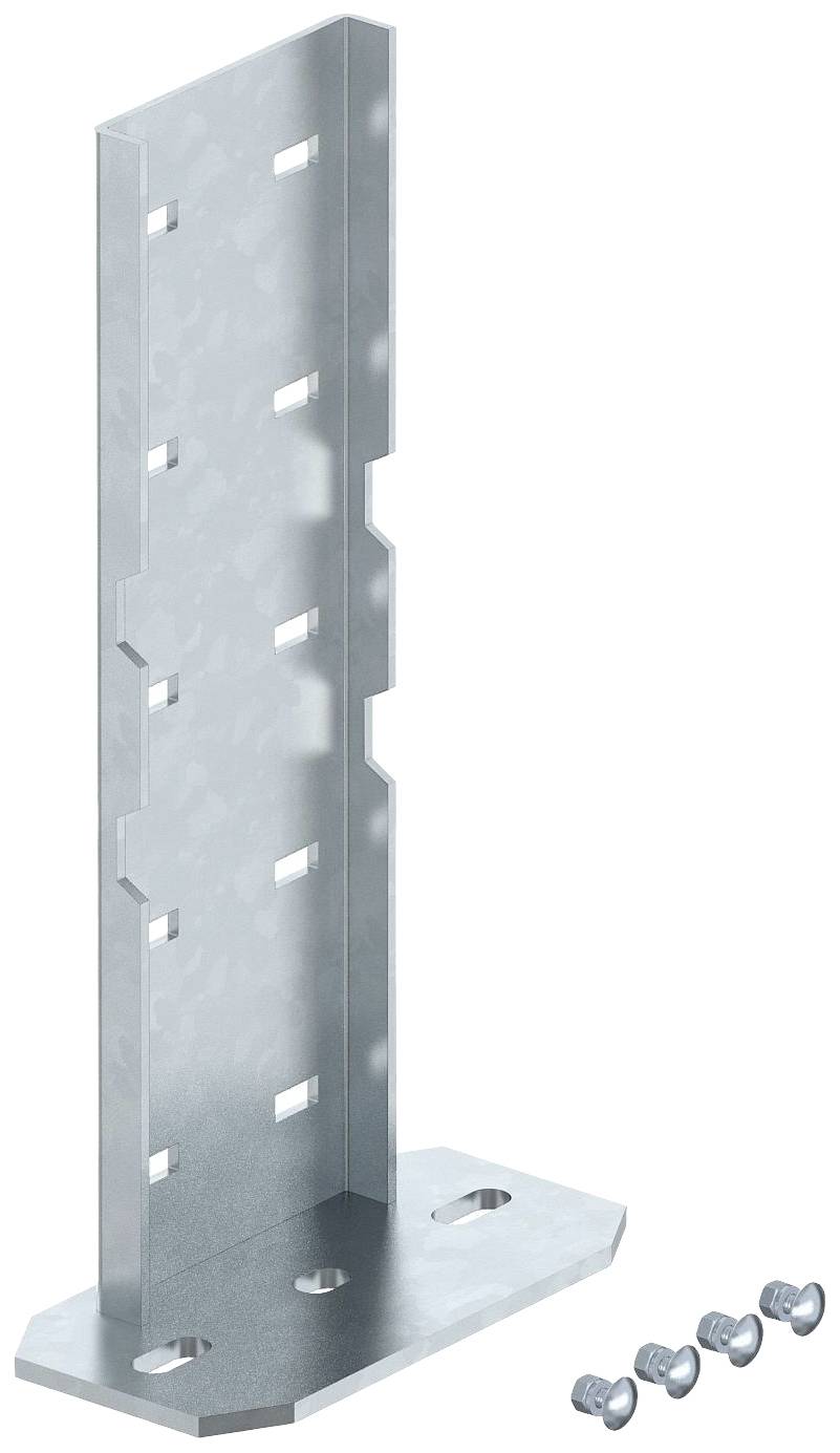 Metallwinkel mit Löchern, neben vier Schrauben. Der Winkel hat eine L-Form und dient wahrscheinlich zur Befestigung oder Verbindung von Bauteilen.