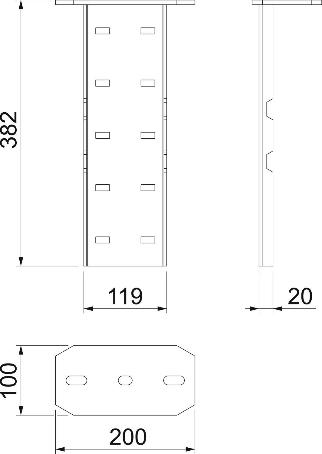 Technische Zeichnung eines Metallprofils mit Maßen: Höhe 382 mm, Breite 119 mm, Tiefe 20 mm; untere Platte 100 mm hoch, 200 mm breit.