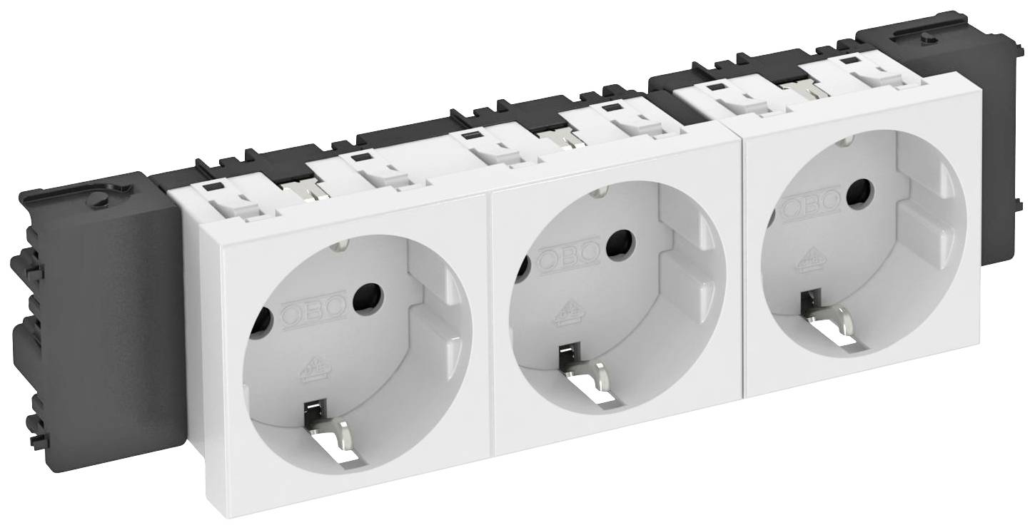 Dreifache Steckdosenleiste, montierbar, mit weißen Umrahmungen und schwarzen Befestigungsclips, geeignet für elektrische Installationen.