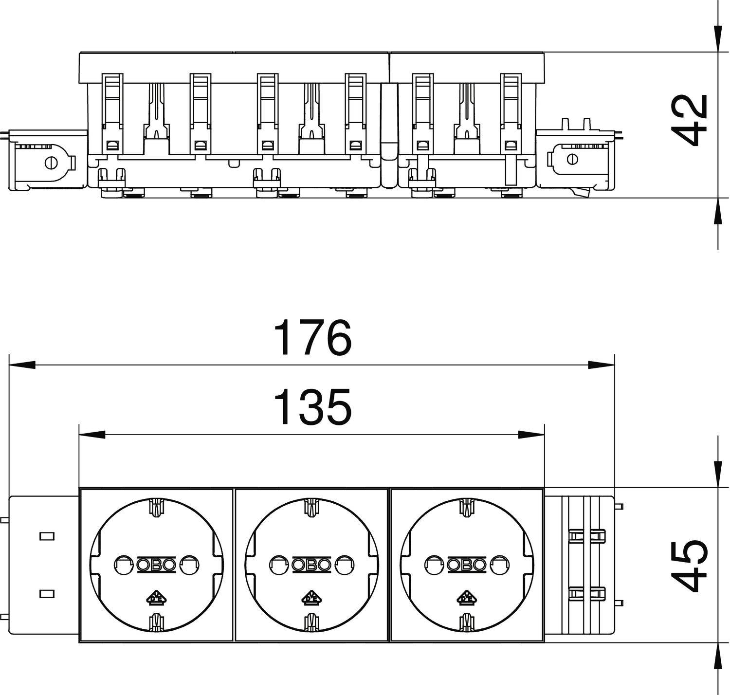 Technische Zeichnung einer Steckdosenleiste mit drei Steckdosen. Maße: Breite 176 mm, Tiefe 45 mm, Höhe 42 mm.
