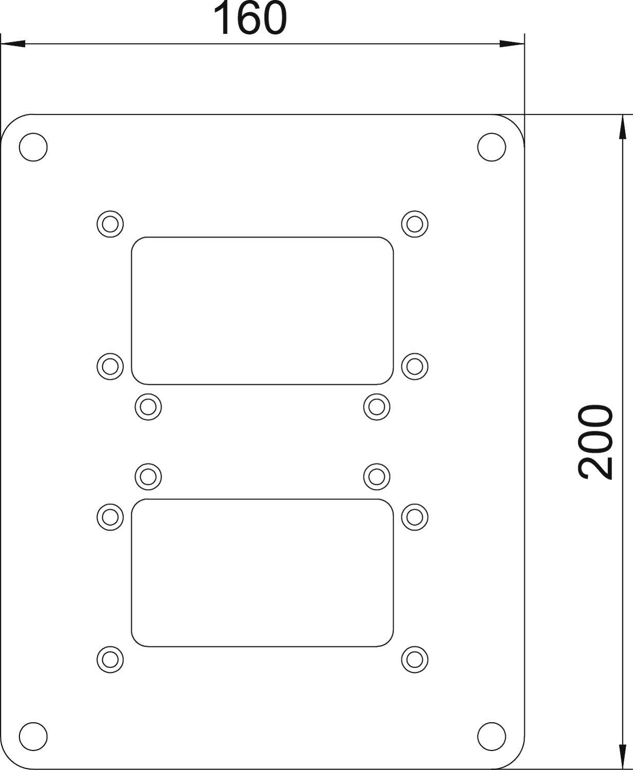 Technische Zeichnung einer rechteckigen Platine mit den Maßen 160 mm x 200 mm, zeigt Bohrlöcher und zwei rechteckige Aussparungen.
