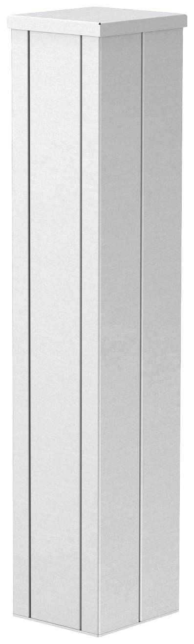 Ein schmaler, rechteckiger, silberner Metallpfosten mit vertikalen Linien in einem modernen, minimalistischen Design.