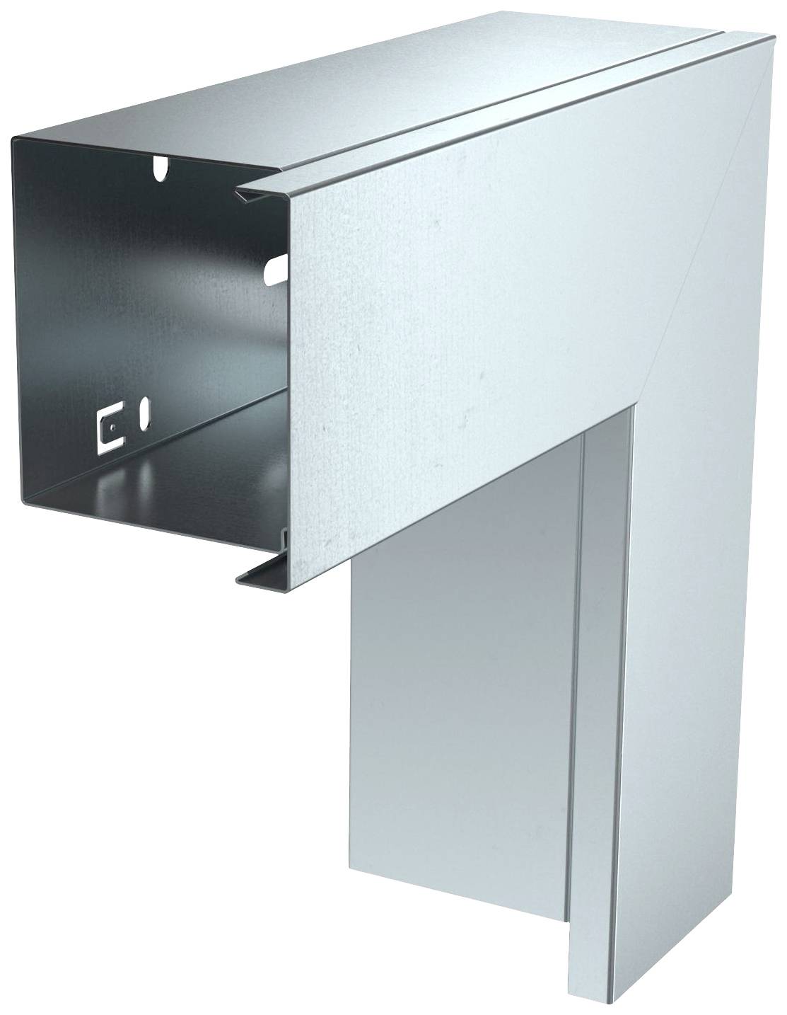 Metallelement in Winkel-Form, vermutlich Teil eines Lüftungs- oder Abzugssystems, bestehend aus zwei rechtwinklig verbundenen Blechen.