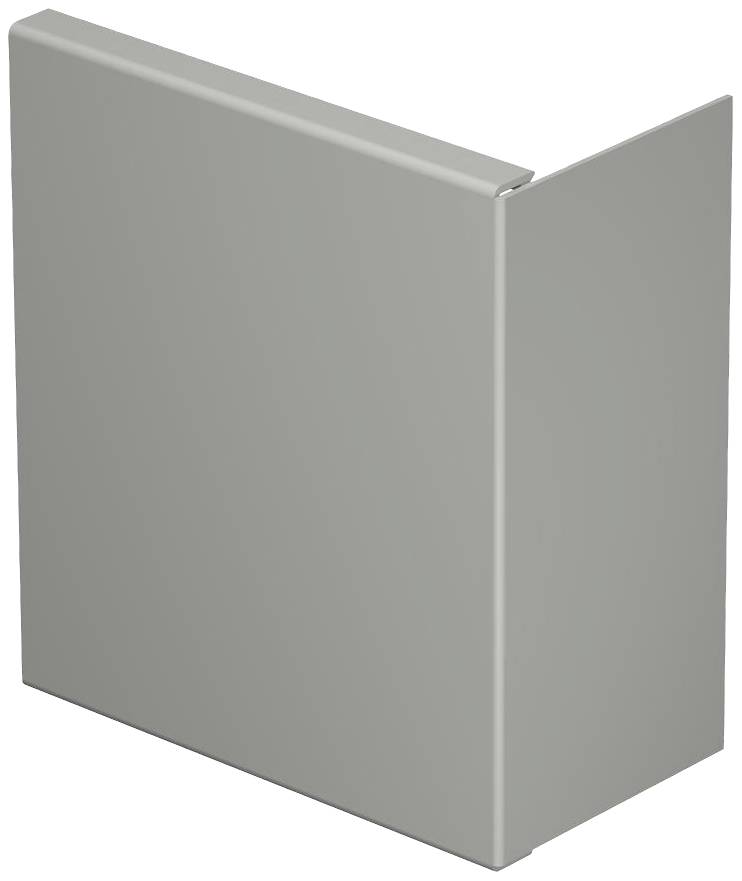 Ein schlichtes, graues Metallgehäuse mit einer abgewinkelten Form, zeigt die Vorder- und Seitenansicht.