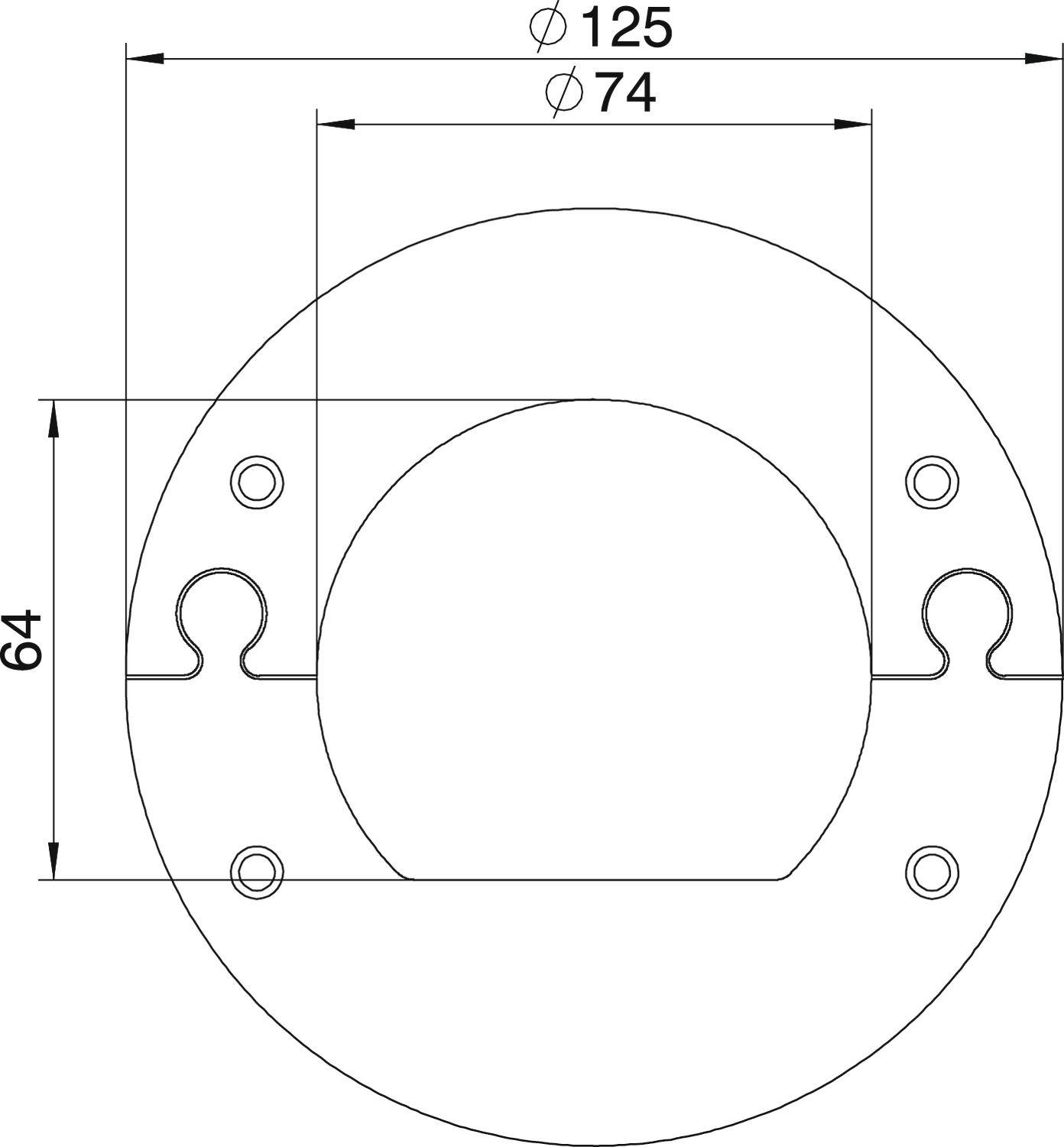Technische Zeichnung einer runden Platte mit zwei verschiedenen Durchmessern: 125 mm außen und 74 mm innen. Höhe ist 64 mm.