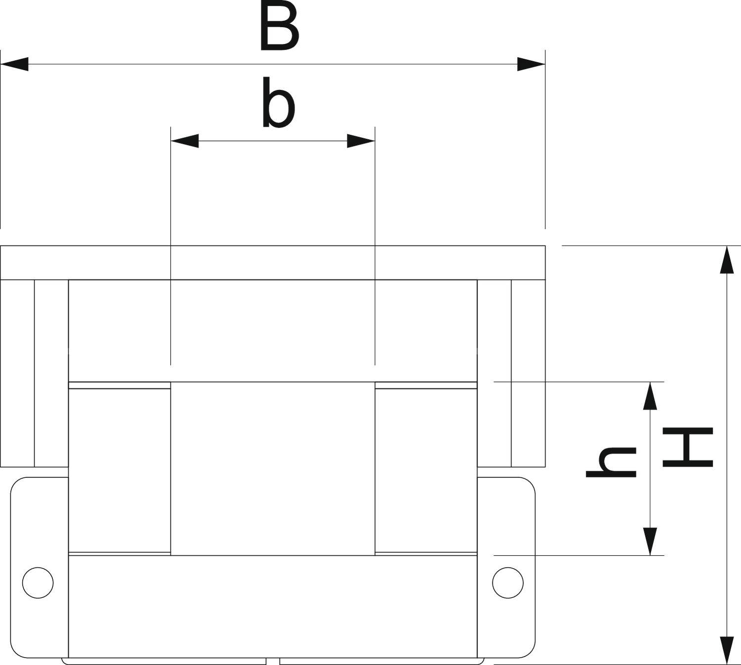 Technische Zeichnung eines rechteckigen Bauteils mit Maßen 'B', 'b', 'h', 'H', die die Länge und Höhe verschiedener Abschnitte zeigen.