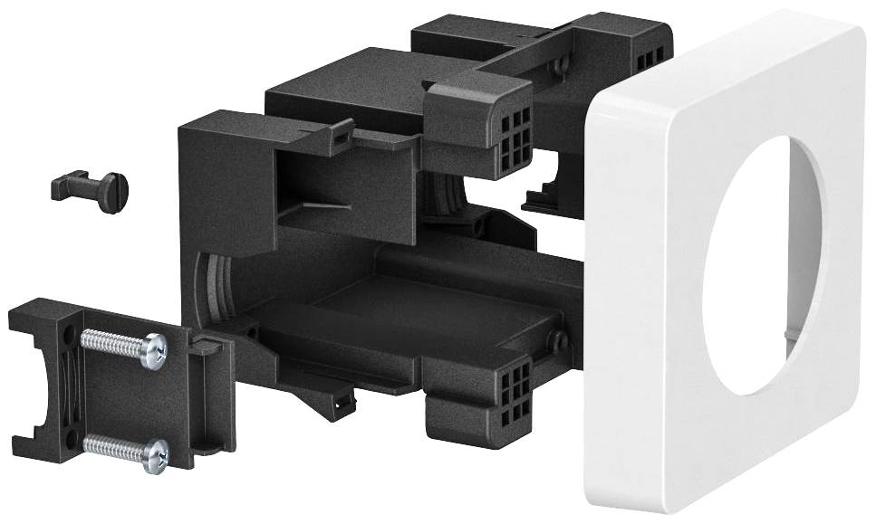 Explosionszeichnung eines Steckdosenmoduls mit schwarzem Innenmechanismus, Schrauben und weißem Rahmen links.