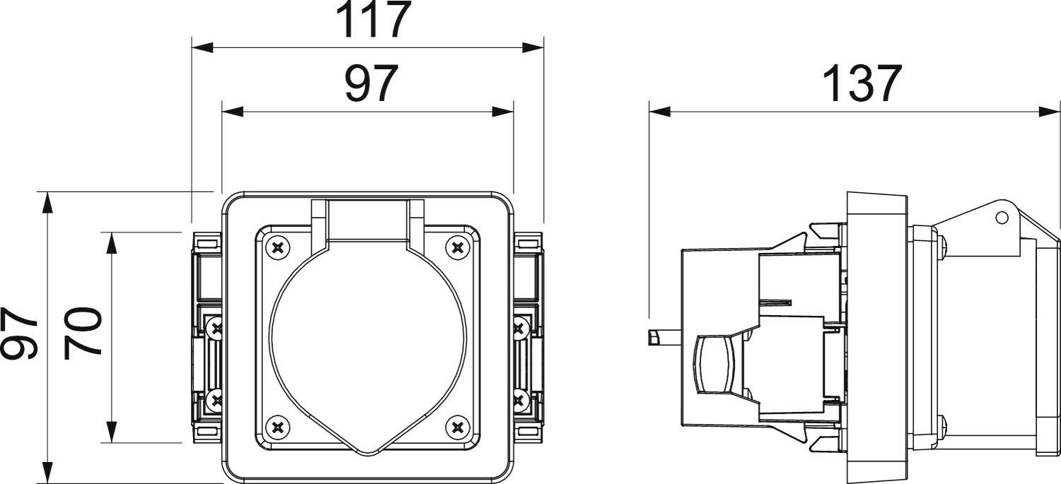 Technische Zeichnung von Steckdose, Maße: Breite 117 mm, Höhe 97 mm, Tiefe 137 mm. Seiten- und Frontalansicht gezeigt.