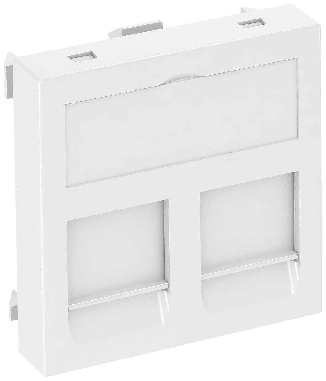 Ein weißer, rechteckiger Netzwerkanschluss mit zwei RJ45-Ports, geeignet für die Wandmontage in Büro- oder Heimnetzwerkinstallationen.