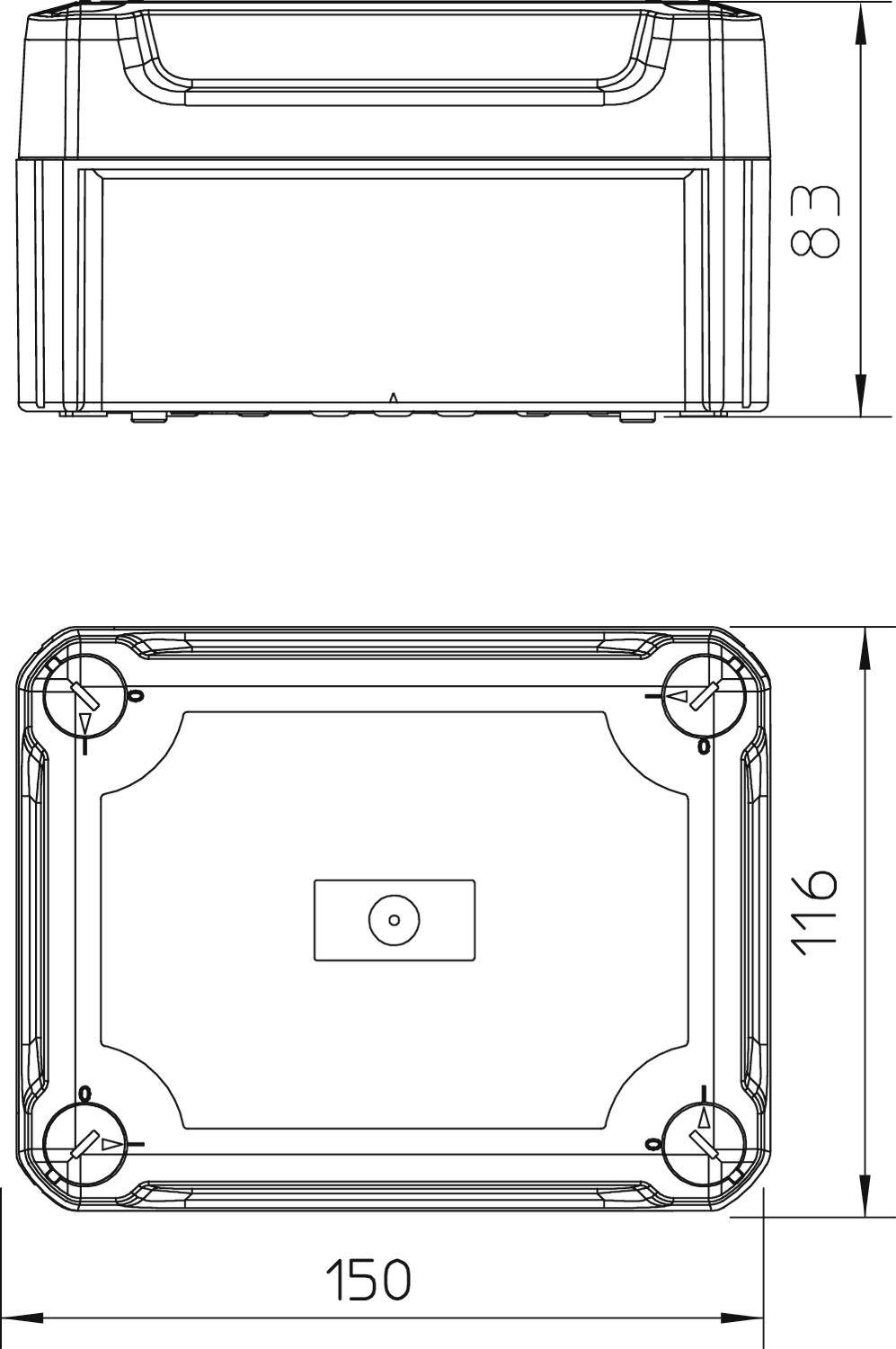 Technische Zeichnung eines rechteckigen Gehäuses mit Maßen: 83 mm hoch, 116 mm breit, 150 mm lang. Draufsicht und Vorderansicht.