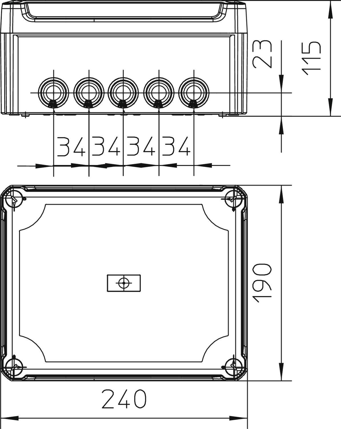 Technische Zeichnung eines rechteckigen Gehäuses mit fünf runden Anschlüssen oben und Maßangaben: 240 mm Breite, 190 mm Höhe.