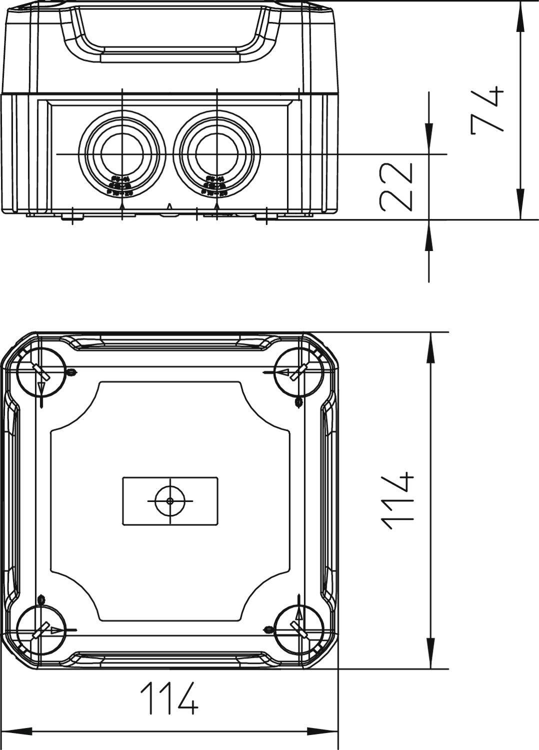 Technische Zeichnung eines rechteckigen Gehäuses mit zwei Anschlüssen oben und Bemaßungen: 74 mm Höhe, 114 mm Breite und Höhe.