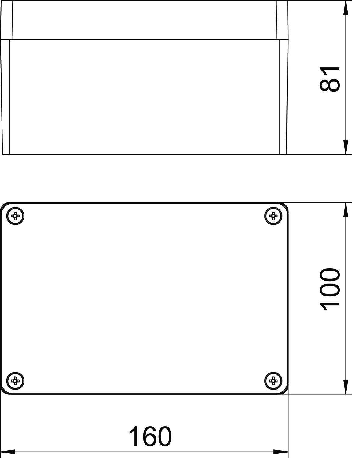 Technische Zeichnung eines rechteckigen Gehäuses mit den Maßen 160 mm Breite, 100 mm Höhe und 81 mm Tiefe.