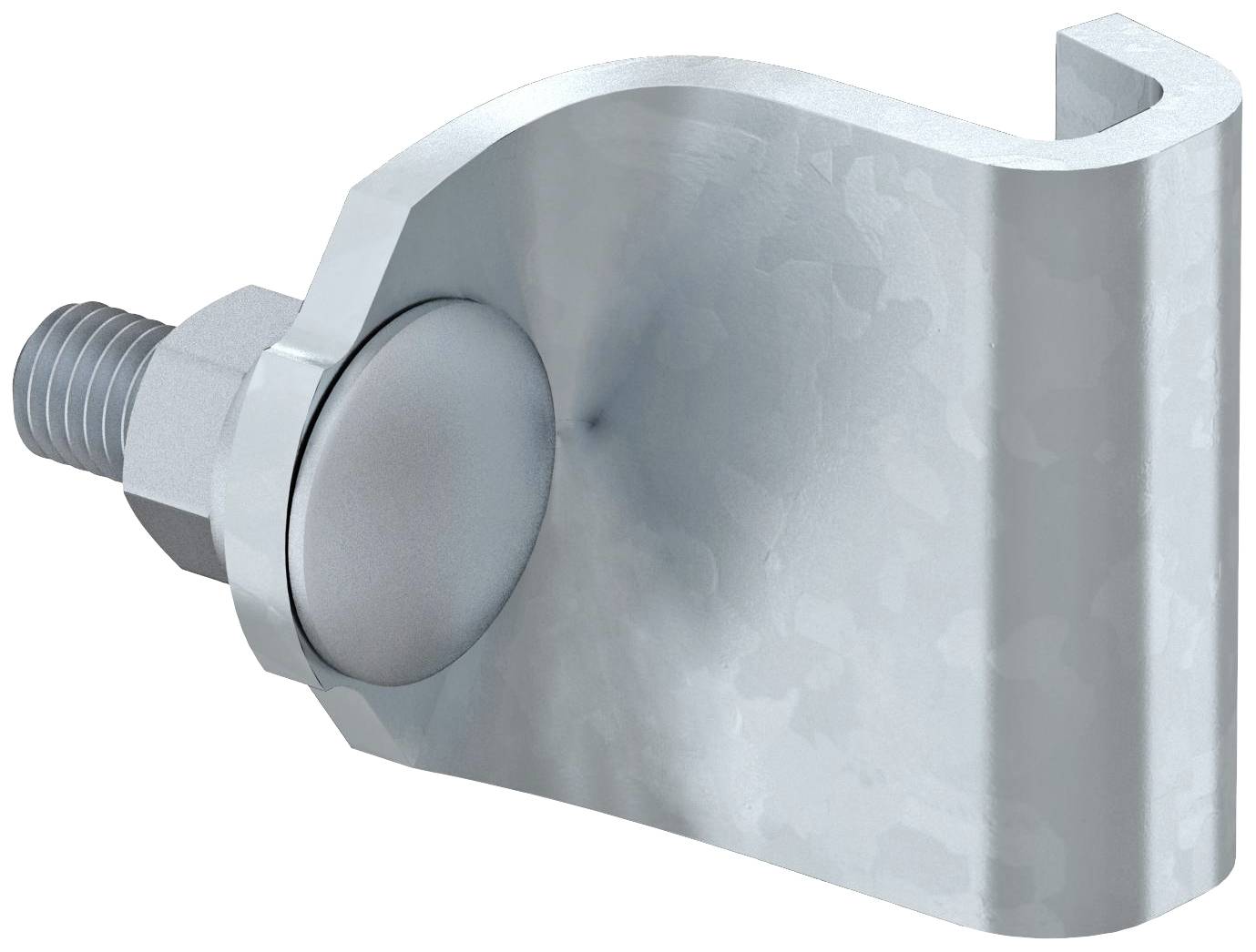 Metallhalterung mit Schraube, seitlicher Blick. Verwendet zur Befestigung oder Stabilisierung von Strukturen. Silberfarbene Oberfläche.