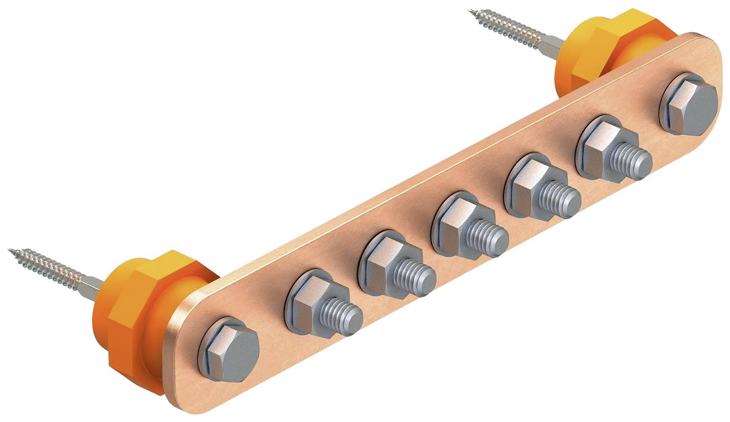 Metallene Erdungsschiene mit sechs Schrauben und Muttern. Zwei orange Isolatoren an den Enden, jeweils mit einer Schraube befestigt.