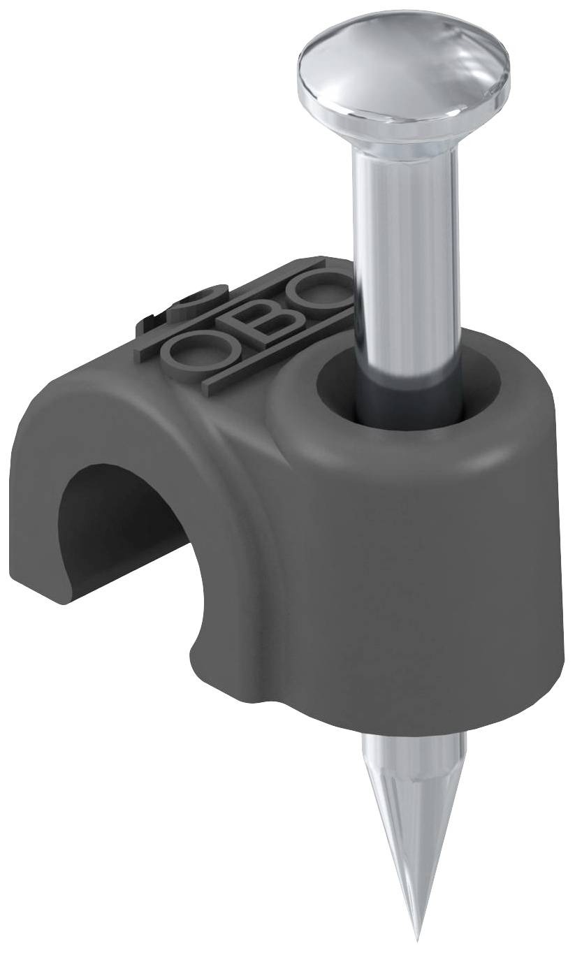 Kabelklemme aus grauem Plastik mit einer Metallnagel. Oberseite zeigt die Aufschrift 'OBO'.用于 Kabelbefestigung an Wänden oder Böden.