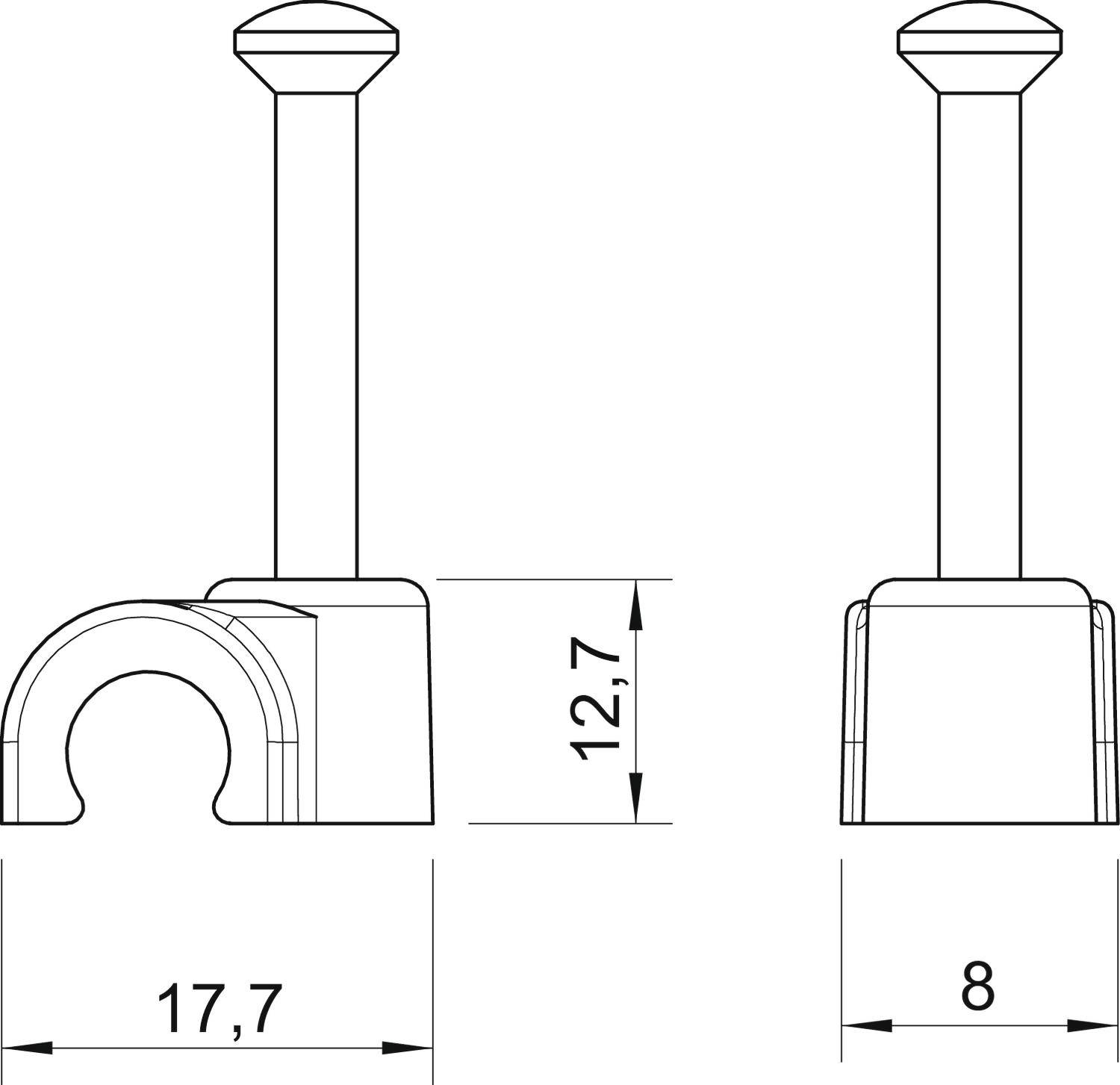 Technische Zeichnung eines Hakenprofils mit Maßen: Breite 17,7 mm, Höhe 12,7 mm, Tiefe 8 mm.
