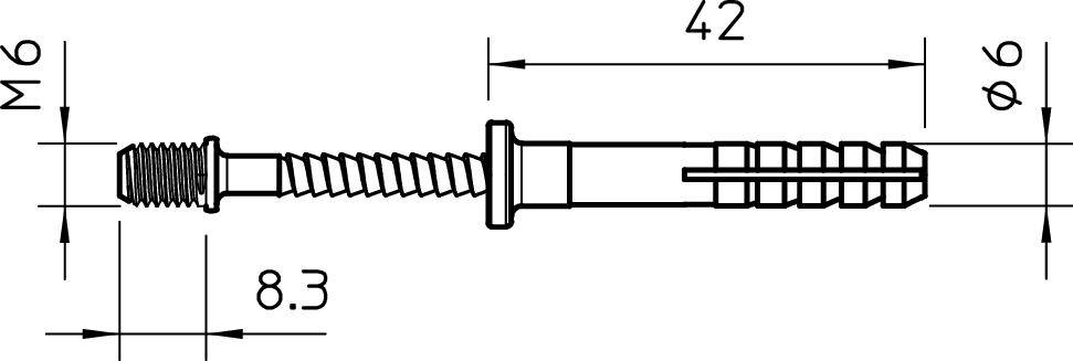 Technische Zeichnung einer Spreizdübel-Schraube mit Gewinde M6, Gesamtlänge 50,3 mm, Durchmesser 6 mm und Einstecktiefe 42 mm.