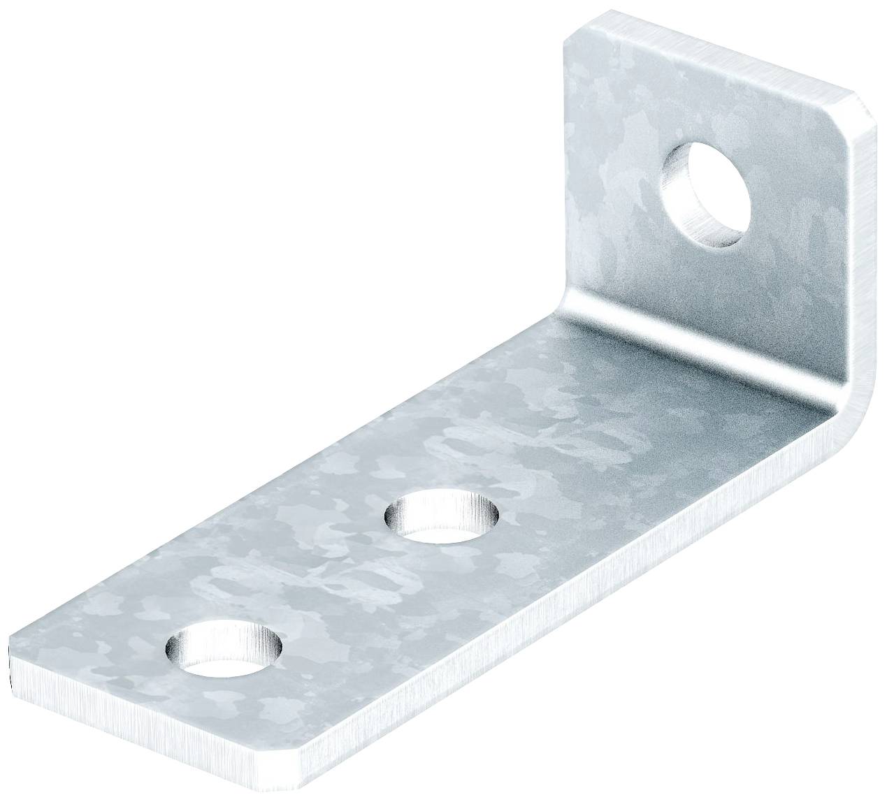 Metallwinkel mit drei Bohrlöchern; zwei auf der langen Seite, eins auf der kurzen. Verwendet zur Verbindung in Konstruktionen.