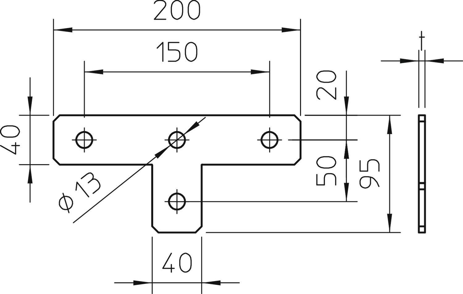 Technische Zeichnung einer T-förmigen Metallplatte mit Maßen in Millimetern. Markierte Löcher mit Durchmesser 13 mm. Illustrationen aus der Seitenansicht enthalten.