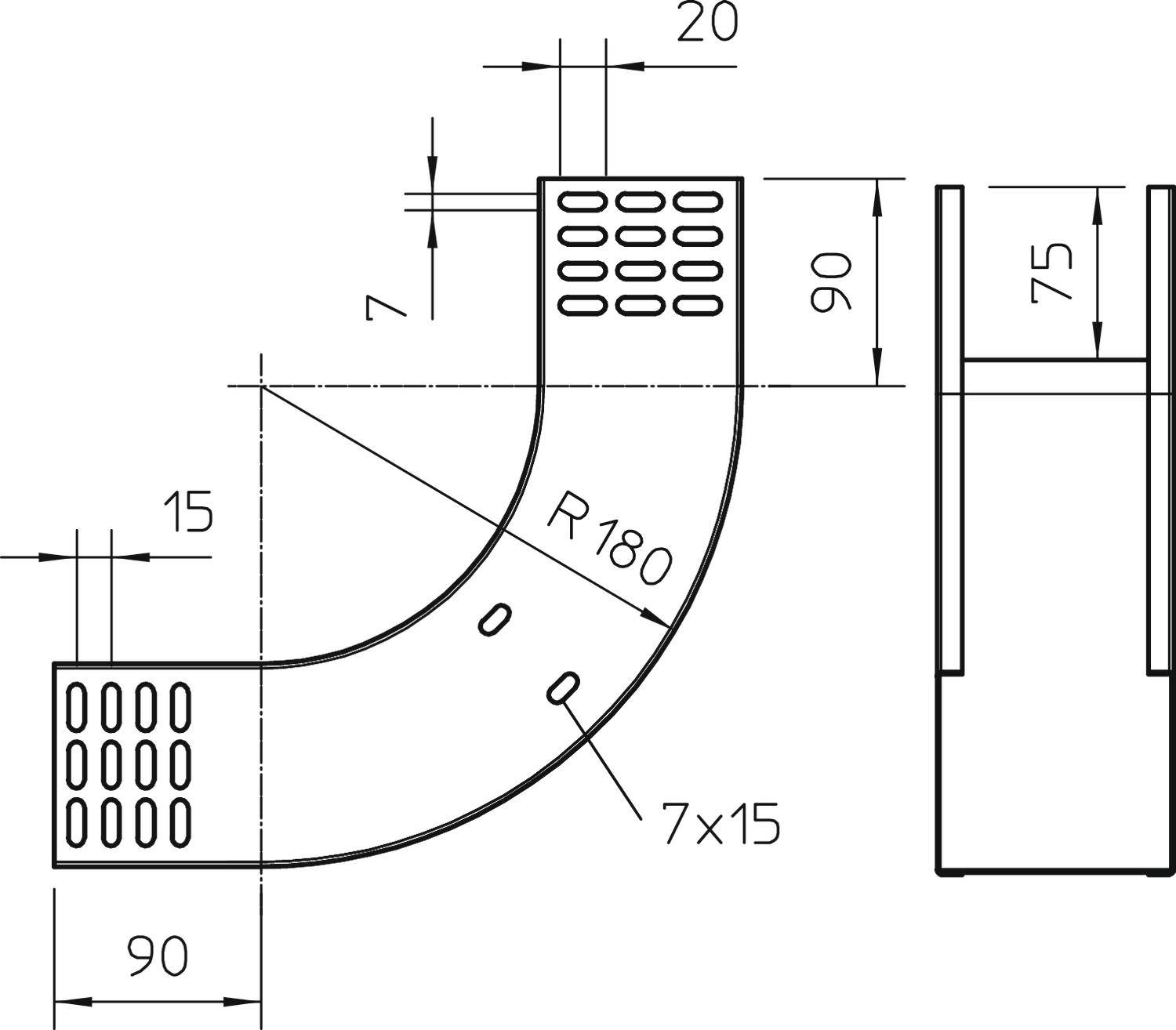 Technische Zeichnung eines gebogenen Metallstücks mit Maßen: Radius R180, Breite 90 mm, Länge 90 mm, Lochmuster 7x15 mm.