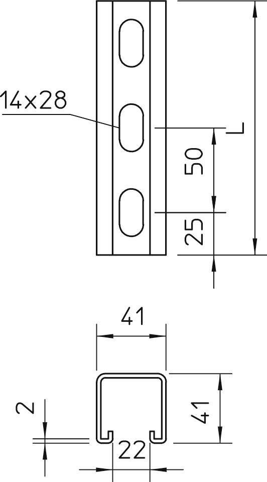 Technische Zeichnung eines U-Profils mit Maßen: 41x41x2 mm. Lochgröße: 14x28 mm im Abstand von 50 mm. Profilöffnung: 22 mm.