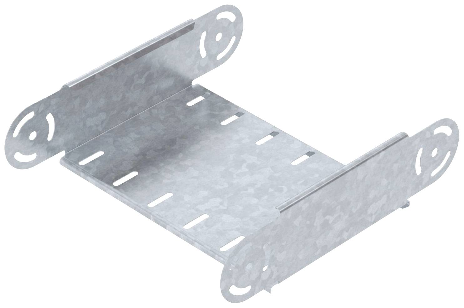 Metallverbindungsstück mit vorgebohrten Löchern, rechteckiger Form und abgerundeten Enden, zur Montage oder Befestigung geeignet.