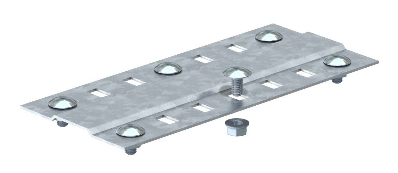 Metallische Montageplatte mit mehreren quadratischen Löchern und Befestigungsschrauben, geeignet für strukturelle Anwendungen.