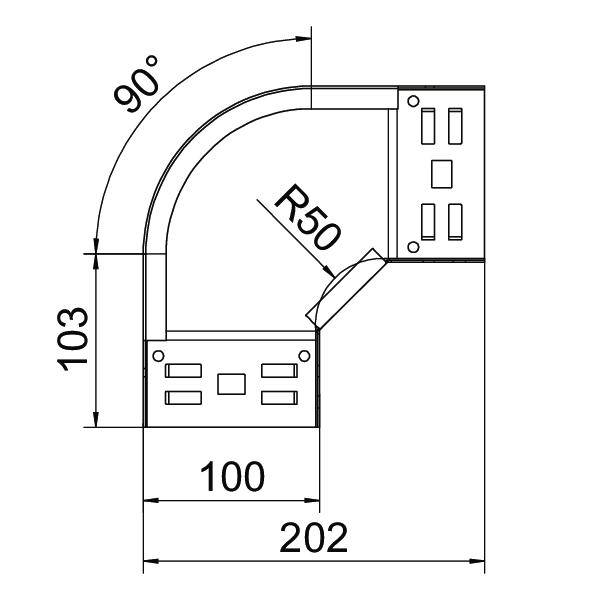 Technische Zeichnung eines 90-Grad-Winkelrohres mit den Maßen 202 mm x 100 mm und einem Radius von 50 mm. Höhe beträgt 103 mm.