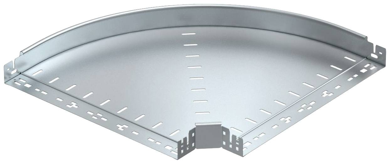 Metallene, rechtwinklige Kabelrinne mit abgerundeter Ecke, geeignet zur Führung von Kabeln in Netzwerkinstallationen.