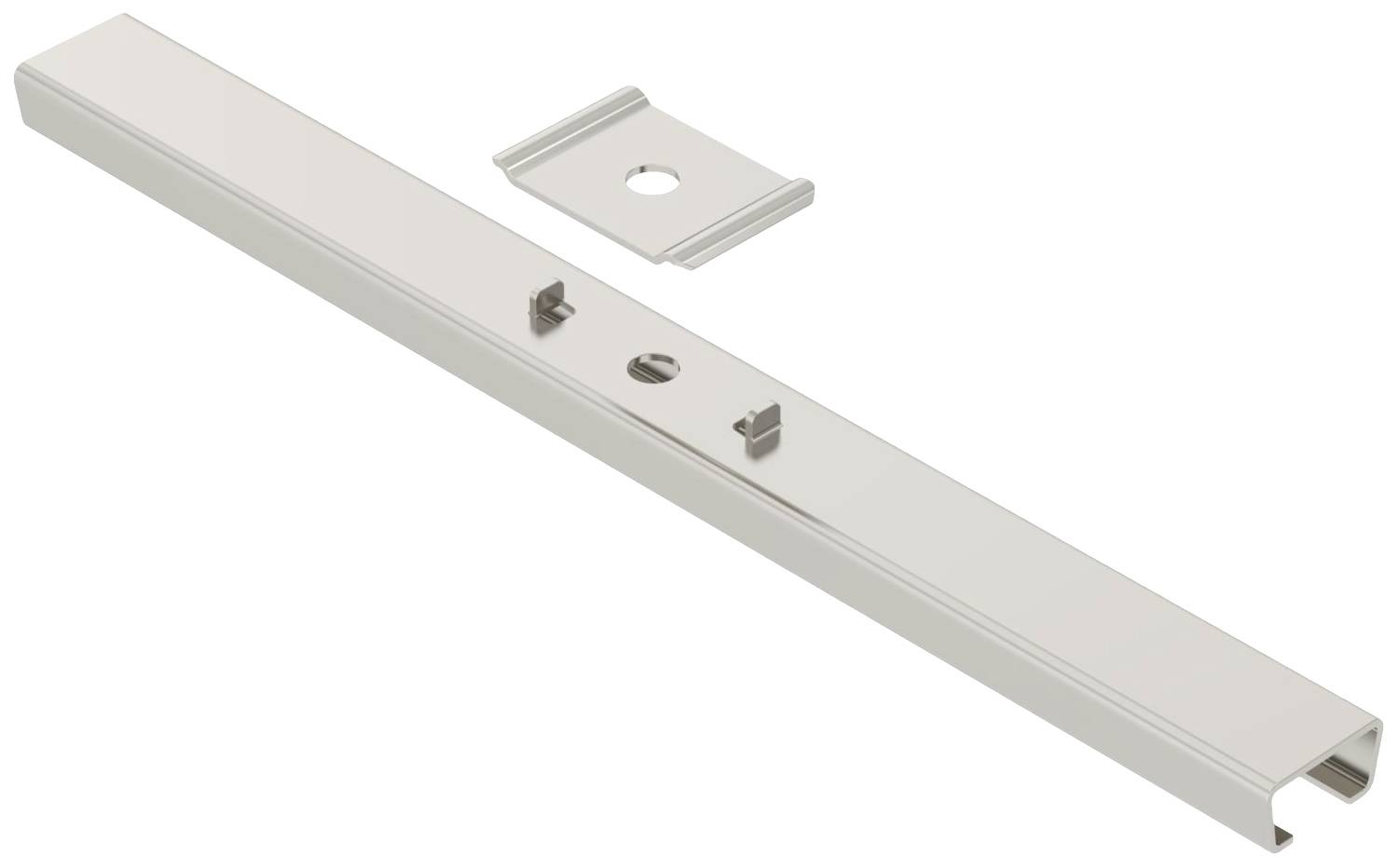 Langes Metallteil mit rechteckigem Profil und abnehmbarem Halteclip für Befestigung. Hauptsächlich in technischen Anwendungen genutzt.