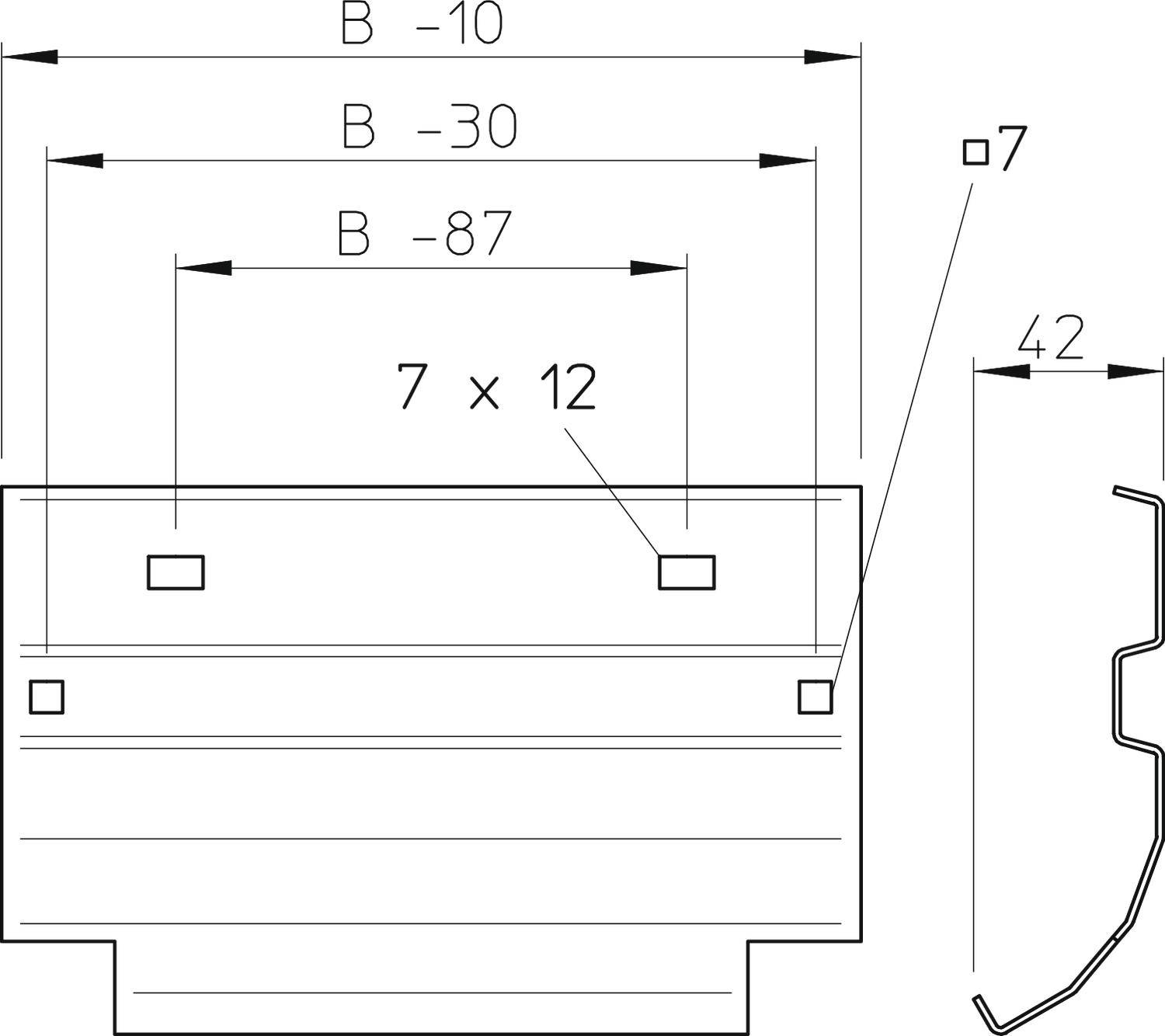 Technische Zeichnung eines Bauteils mit Maßen und Bohrungen. Enthält Angaben zu Abständen ('B-10', 'B-30', 'B-87') und Größen ('7×12').