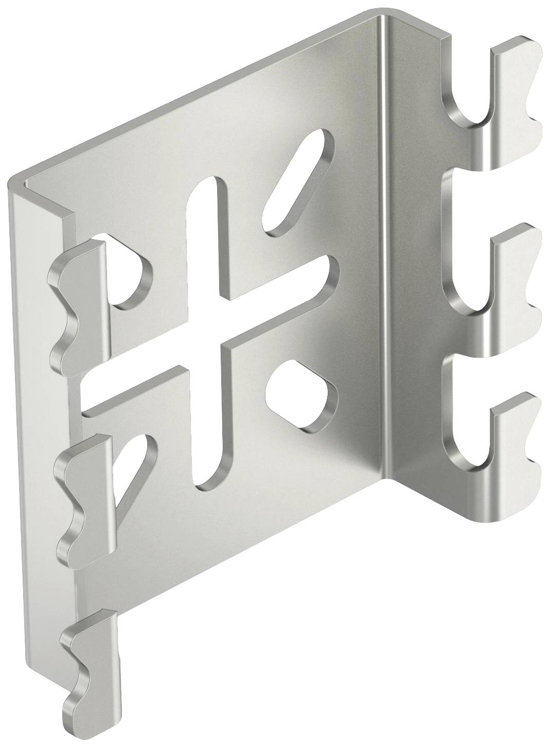 Metallene Befestigungshalterung mit kreuzförmigem Ausschnitt in der Mitte und vier Haken an den Seiten, für industrielle Anwendungen.