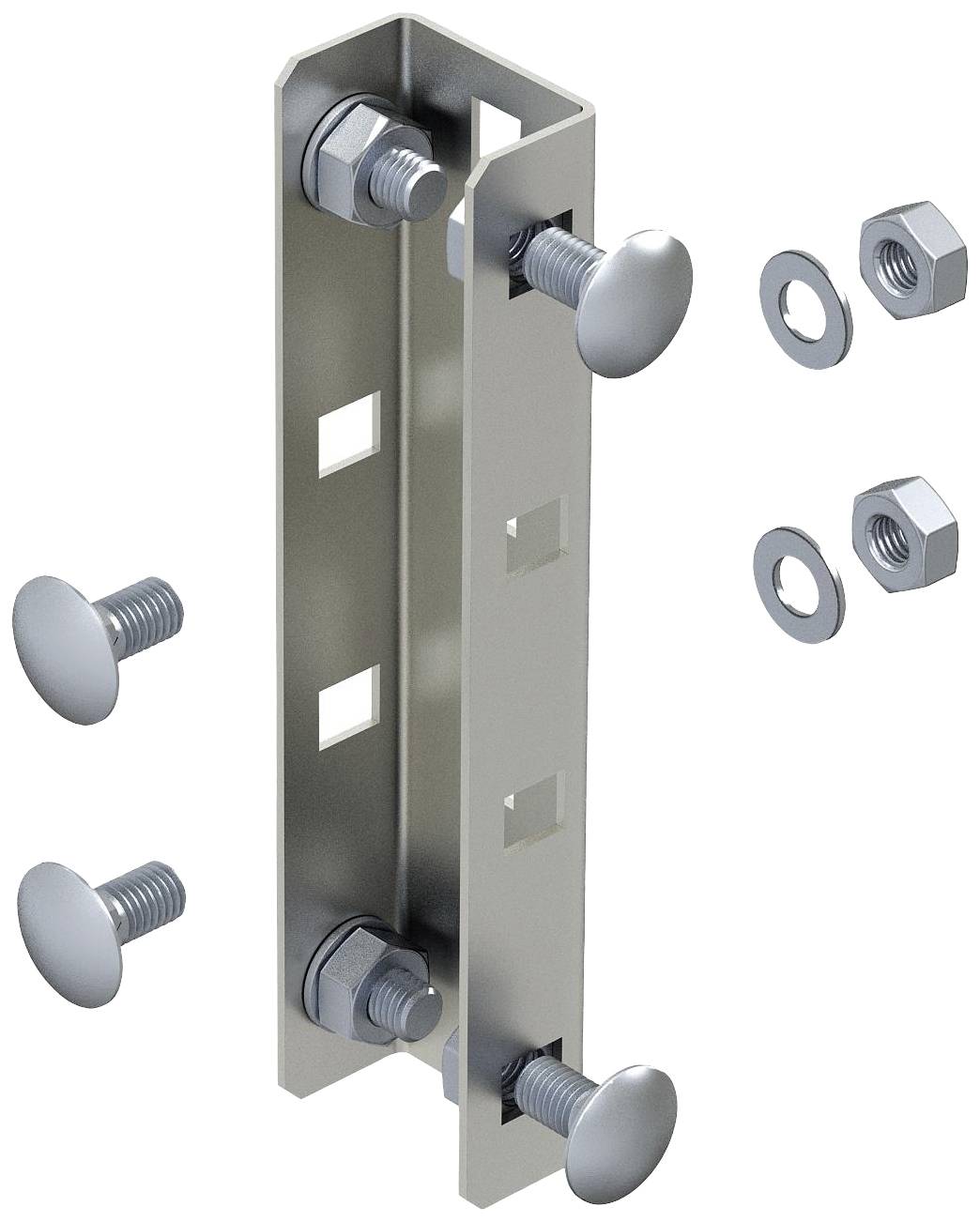 Metallwinkelverbinder mit vier Schrauben, Unterlegscheiben und Muttern. Dient zur Befestigung oder Verstärkung von Konstruktionen.