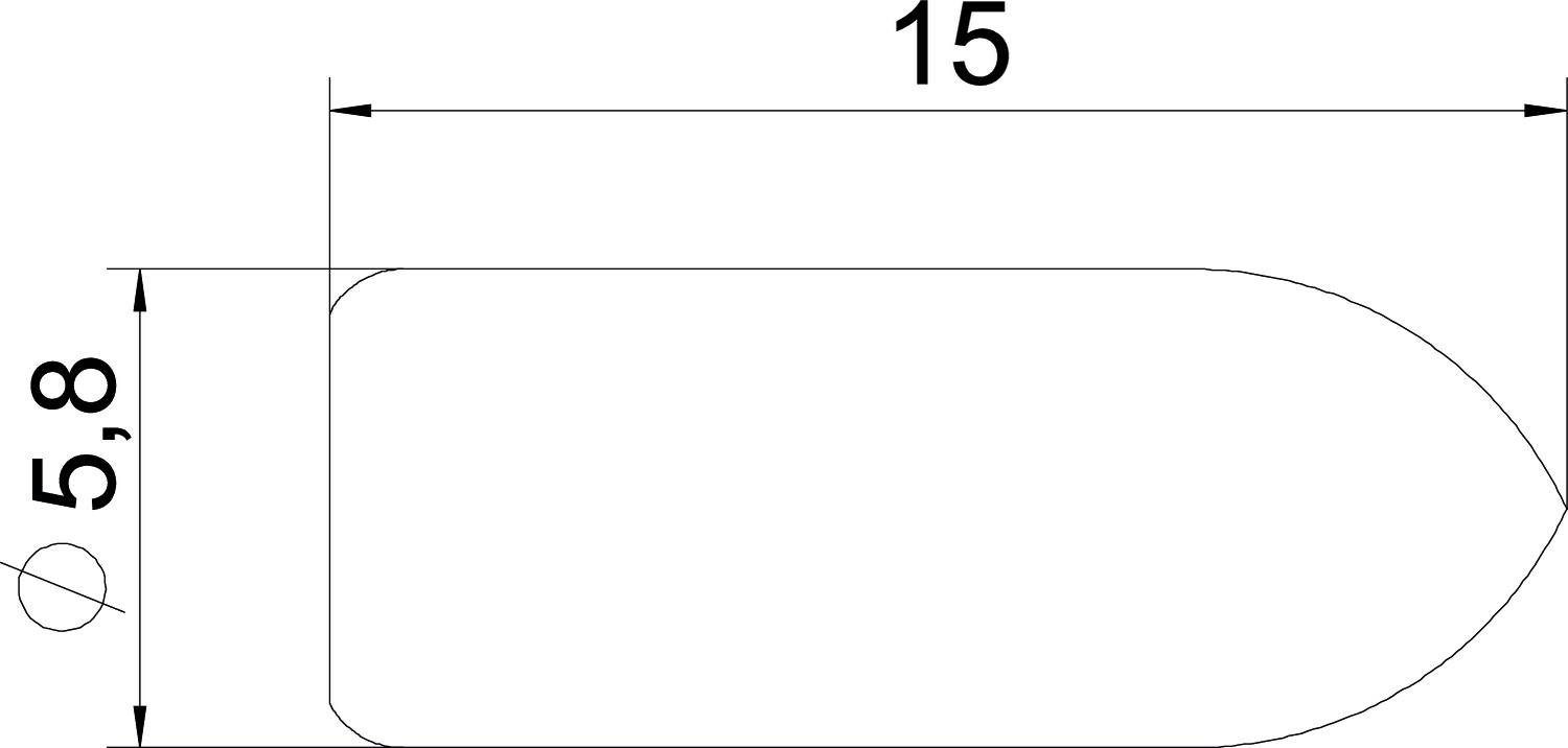 Zeichnung eines zylindrischen Objekts mit abgerundeter Spitze. Längenmaß 15 und Durchmesser 5,8 angegeben.