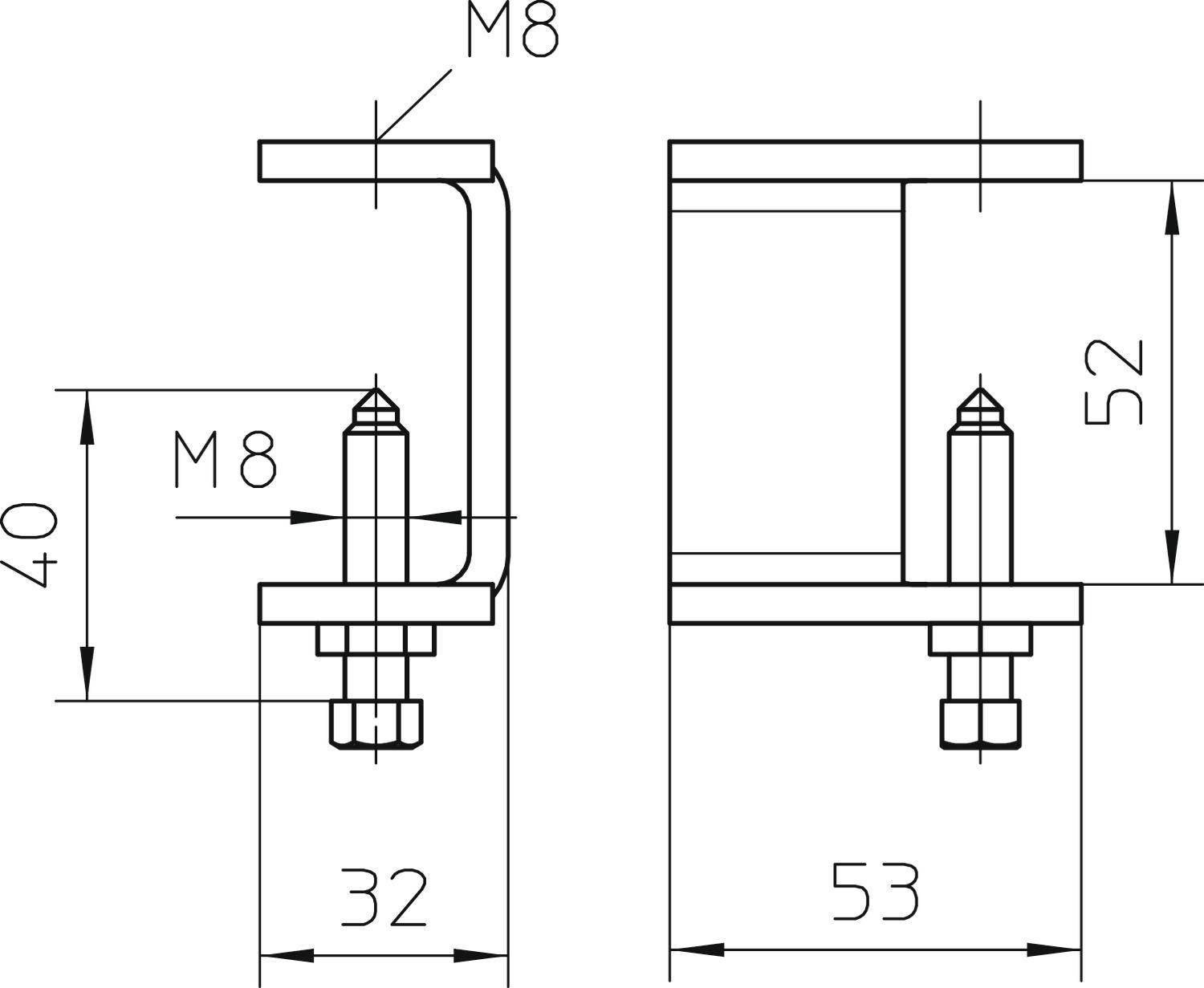Technische Zeichnung einer Halterung mit Maßen: Höhe 52 mm, Breite 53 mm, Schraubengröße M8. Seiten- und Frontansicht.
