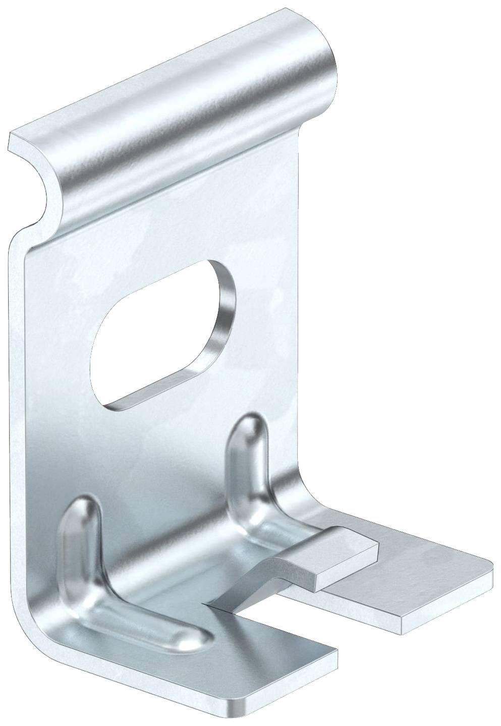 Metallhalterung mit gebogenem oberen Rand und rechteckigem Ausschnitt in der Mitte. Verwendet zur Befestigung von Bauteilen.