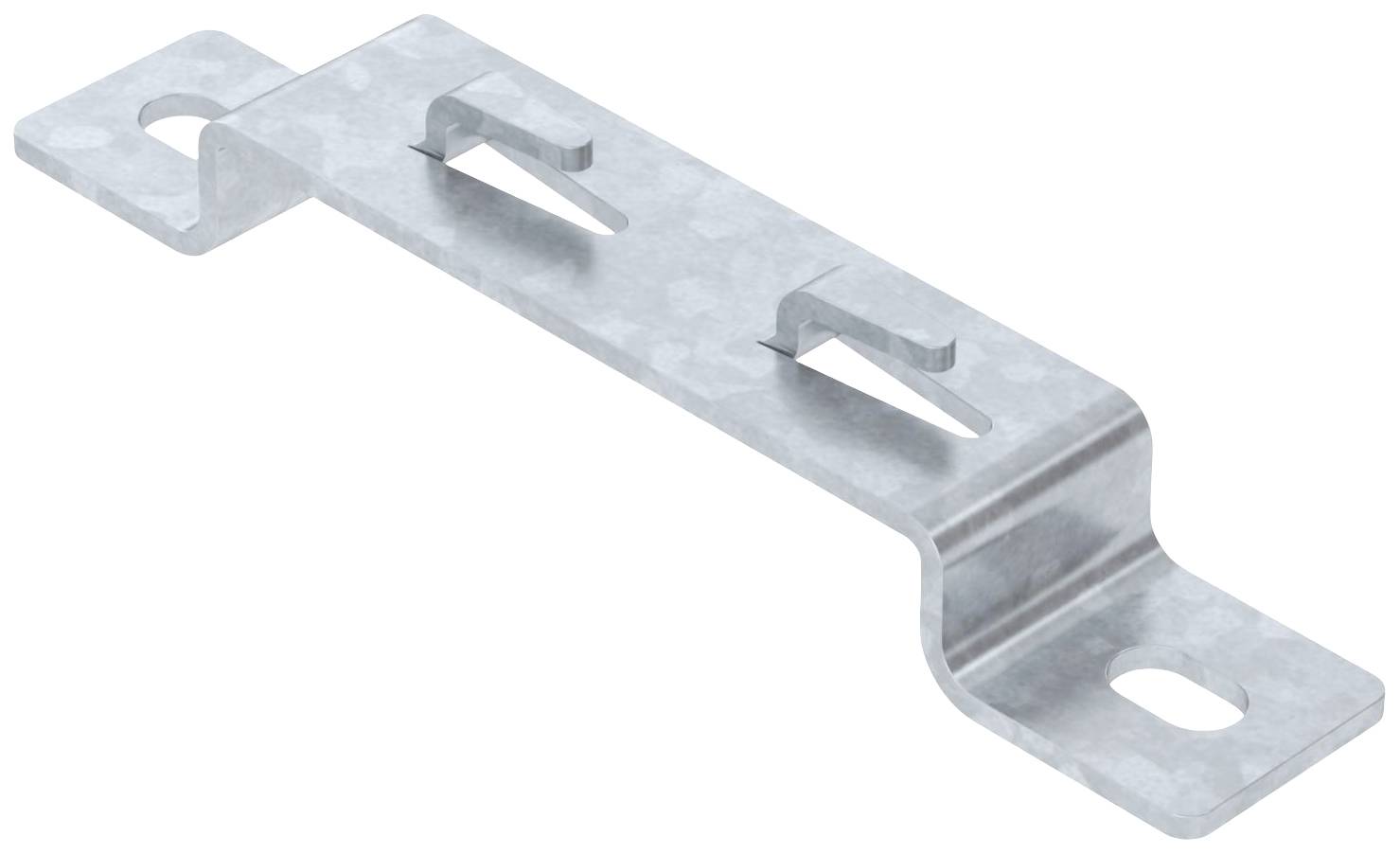 Eine gebogene Metallhalterung mit zwei Schraubenlöchern und Aussparungen zur Befestigung an einer Oberfläche.