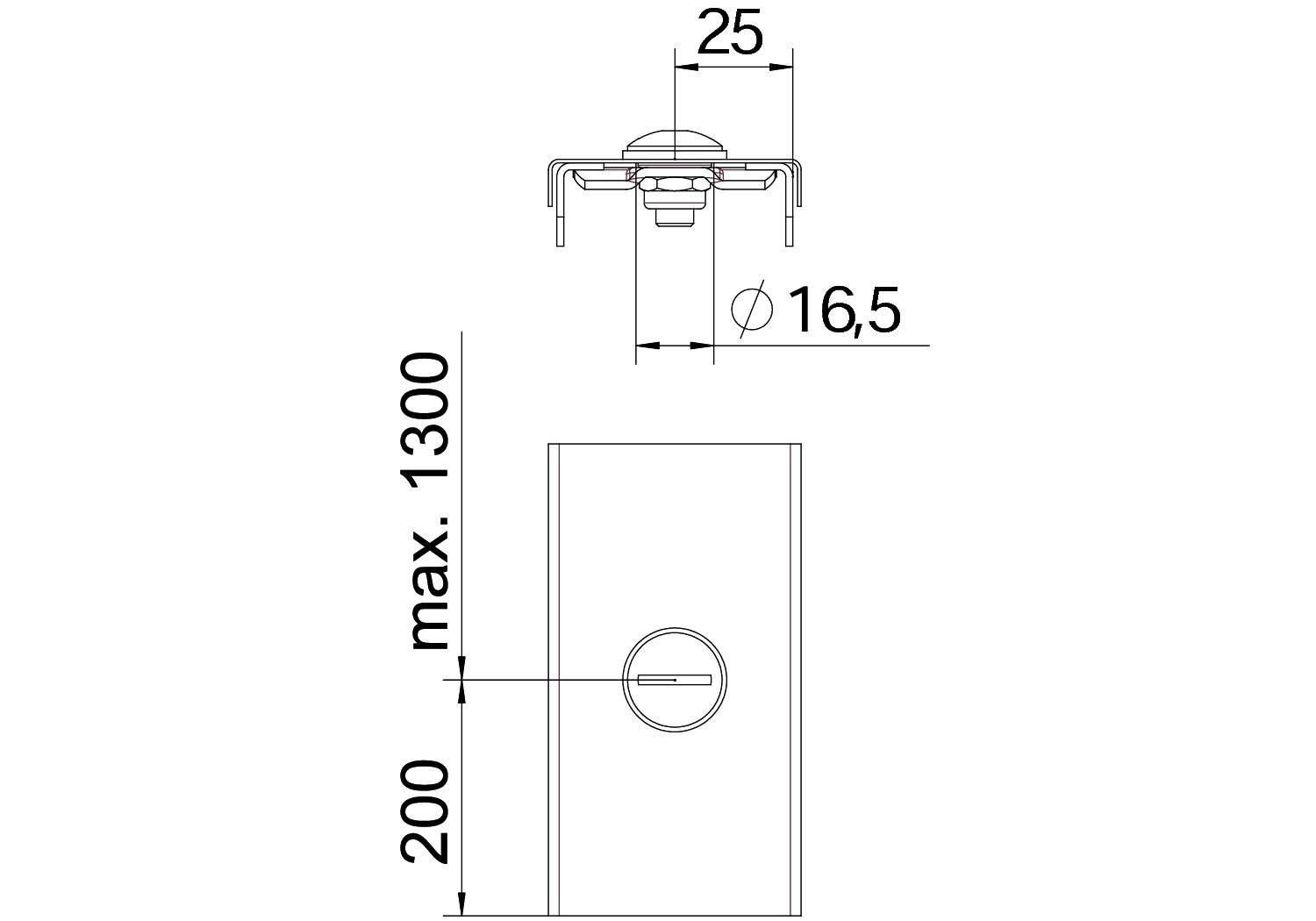Technische Zeichnung zeigt Maße eines Objekts: Breite 25 mm, Höhe 200 mm, maximal 1300 mm; Ausschnitt zeigt Details einer kreisförmigen Komponente mit Durchmesser 16,5 mm.