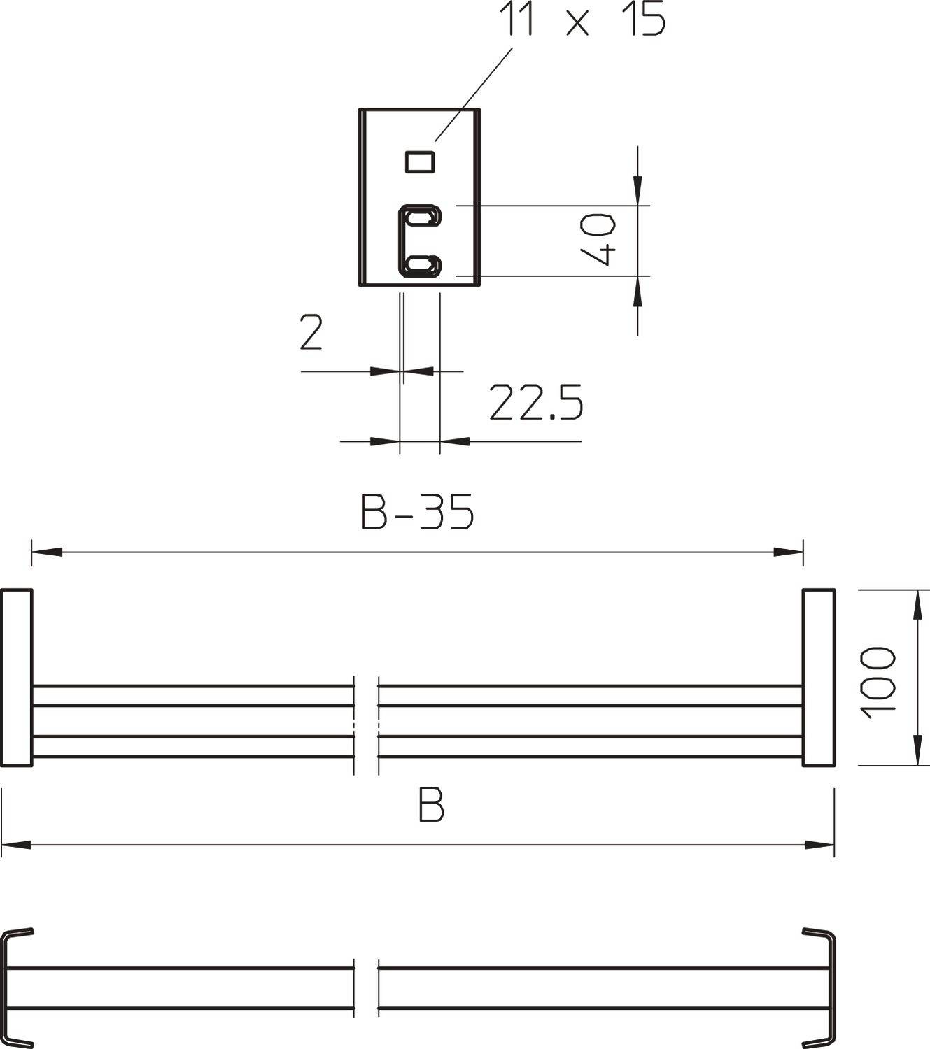 Technische Zeichnung eines rechteckigen Objekts mit Maßen: Breite 'B-35', Höhe 100 mm. Enthält Bohrungsdetails und Abstände.