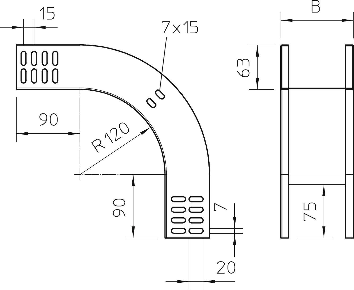 Technische Zeichnung eines gebogenen Metallwinkels mit Maßen: Radius 120 mm, Breite 15 mm, Höhe 90 mm, Lochraster 7x15 mm.