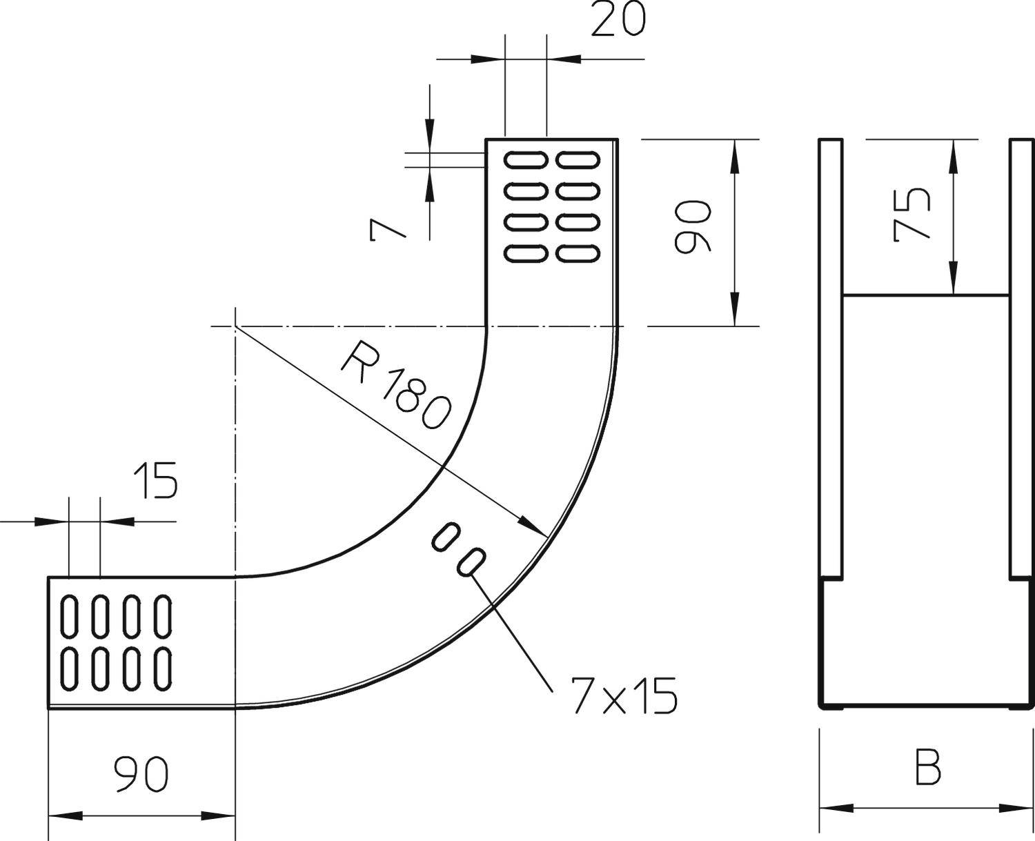 Technische Zeichnung eines gebogenen Metallteils mit Bohrlöchern, Biegeradius R180, Maße 90x75 mm, Bohrlochabstände 7 mm.