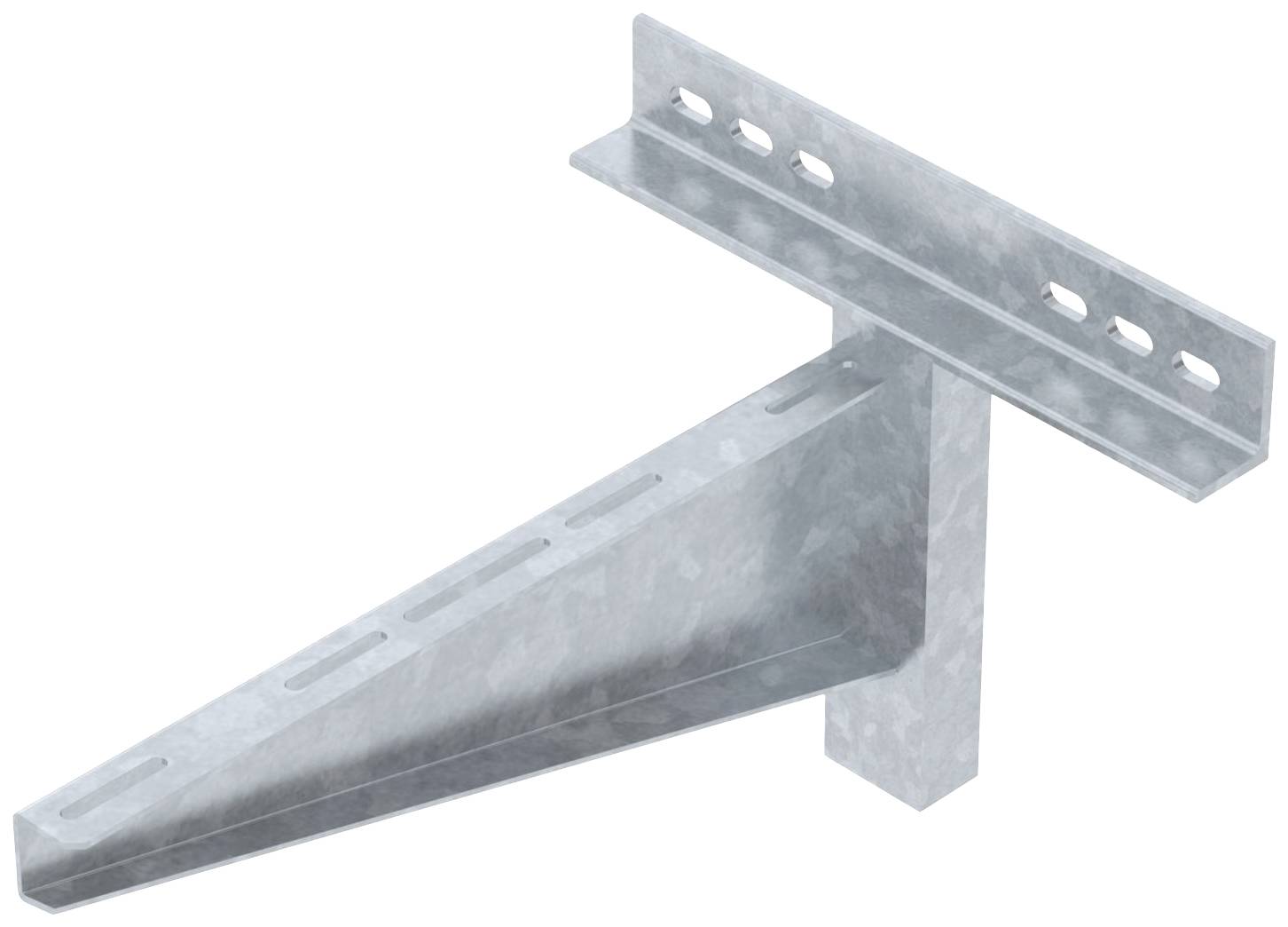 Metallwinkelhalterung mit Löchern zur Befestigung an einer Wand. Dreieckige Form sorgt für stabile Unterstützung von Regalen oder Konstruktionen.