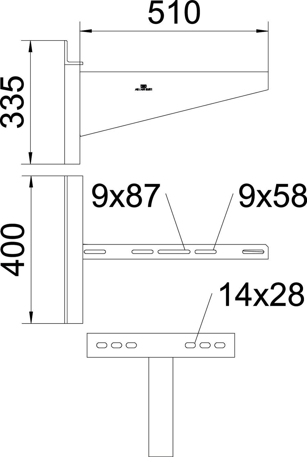 Technische Zeichnung eines Winkelträgers mit Abmessungen: Tiefe 510 mm, Höhe 335 mm, Breite 400 mm, Befestigungslöcher 9x87 mm, 9x58 mm und 14x28 mm.