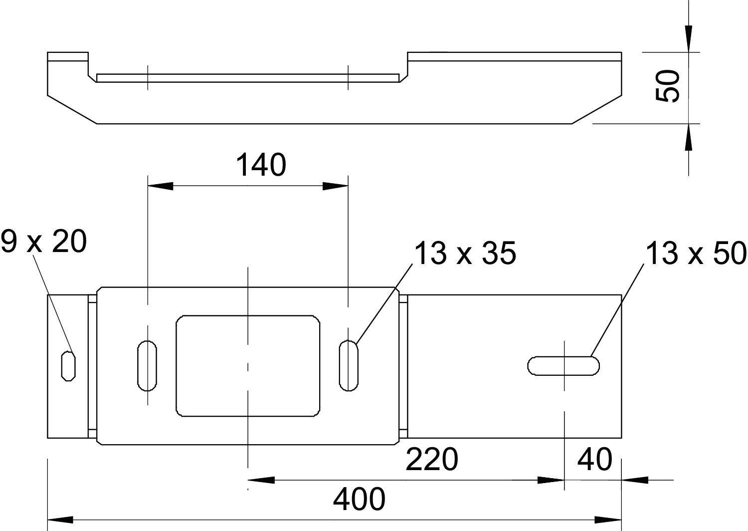 Technische Zeichnung eines rechteckigen Bauteils mit genauen Maßen: Länge 400 mm, Breite 50 mm. Weitere Details zu Lochgrößen und Abständen sind angegeben.