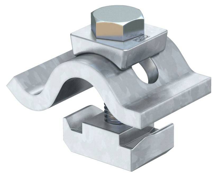 Metallische Klemme mit gewellter Oberseite, Schraube in der Mitte, zur Verbindung von Bauteilen.