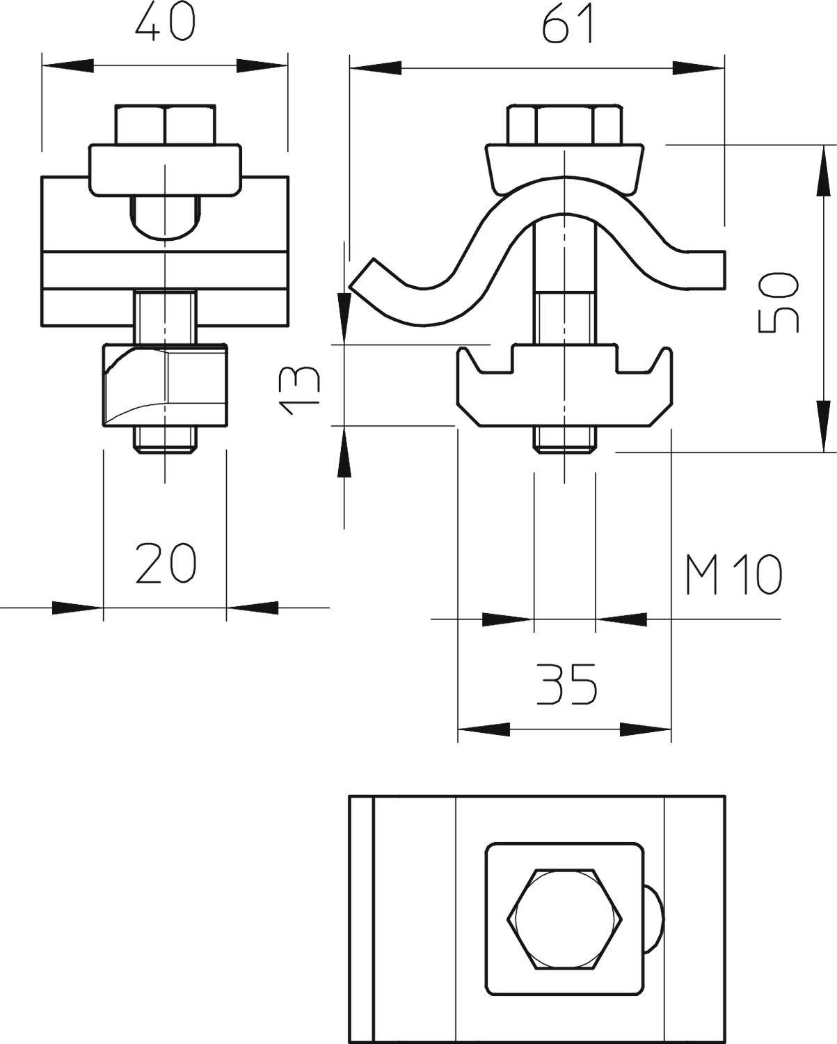 Technische Zeichnung eines Bolzenverbinders mit Maßen: Höhe 50 mm, Breite 61 mm, Schraubengröße M10, und weiteren Spezifikationen.