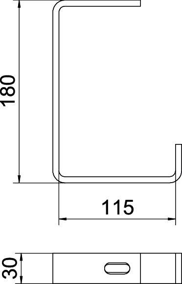 Technische Zeichnung eines Metallbügels: U-förmiger Querschnitt, Höhe 180 mm, Breite 115 mm, Boden 30 mm mit ovaler Öffnung.