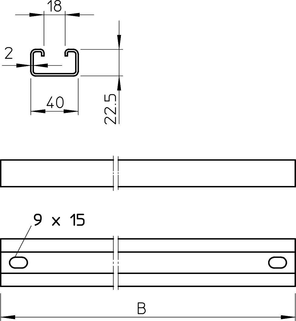 Technische Zeichnung eines Metallprofils; Querschnitt oben zeigt C-Form mit Maßen 18 und 2 mm; Seitenansicht zeigt Bohrungen 9 x 15 mm.